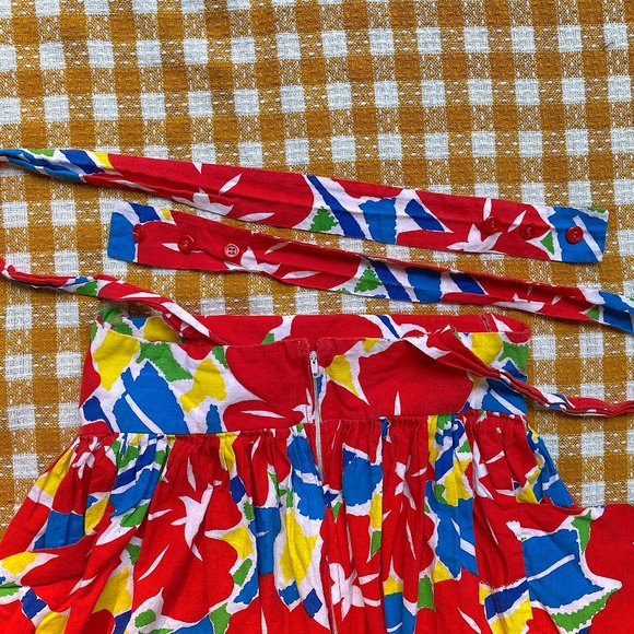 Vintage 1980s Supercraft Made in India Floral Cotton Overalls Dress High Waist - Picture 9 of 10